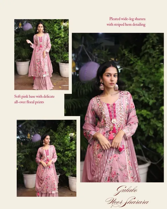 Gulabo Noor Sharara: soft pink kurta with all-over floral print and pleated wide-leg sharara