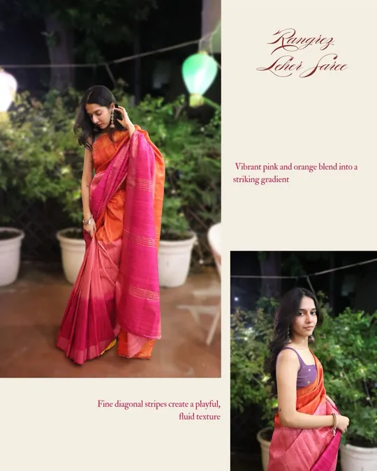 Rangrez Leher Saree: pink and orange gradient saree with fine diagonal stripes